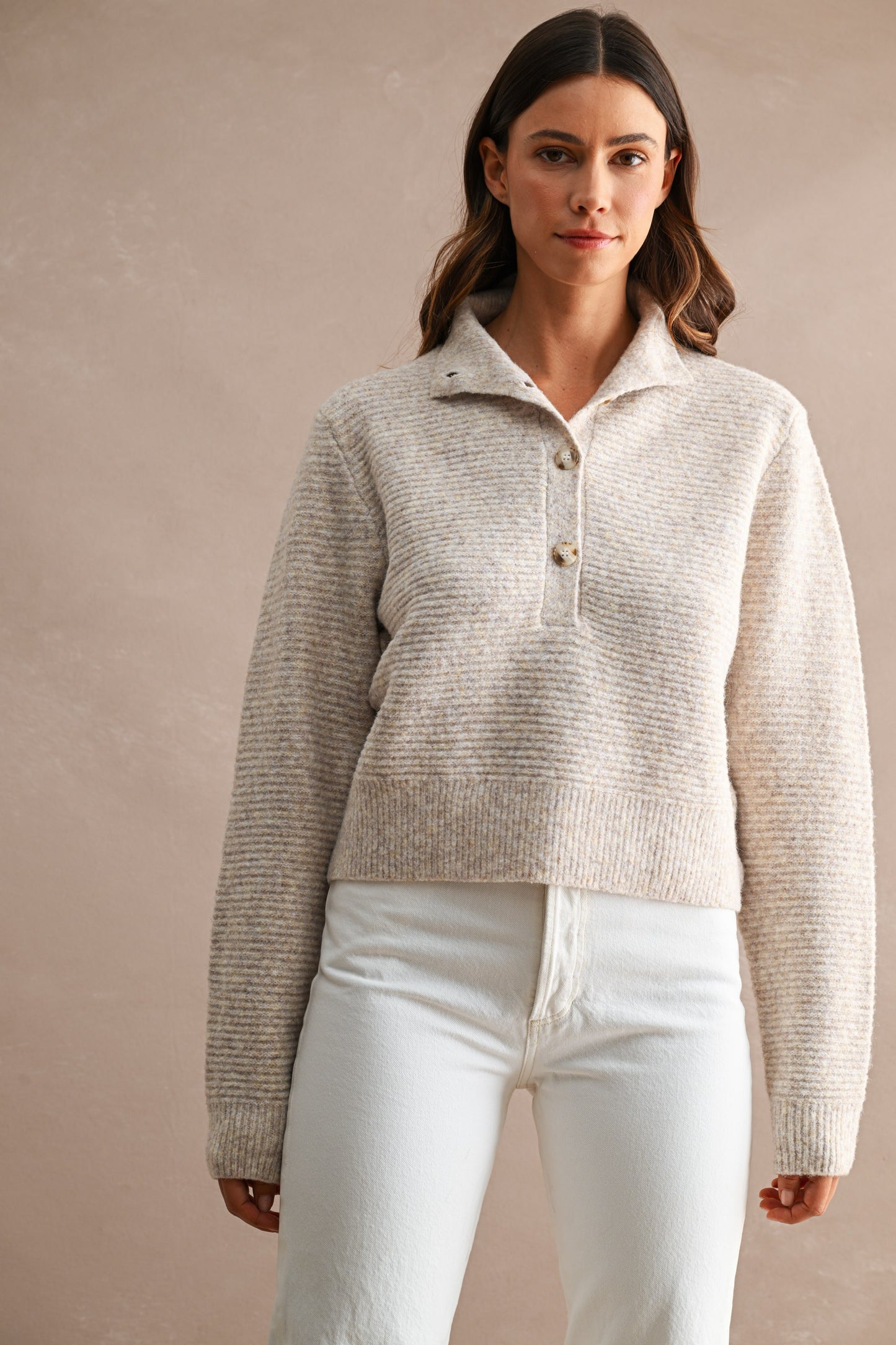 Marled Knit Long Sleeve Fold-over Mock Neck Sweater Top
