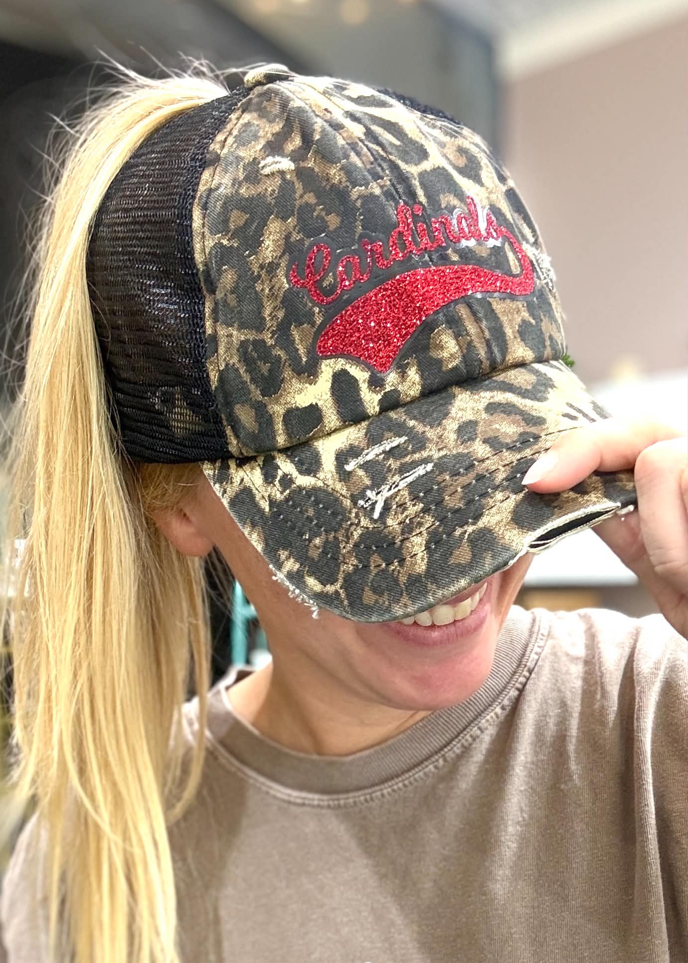 Cardinals Cheetah Ponytail Hat