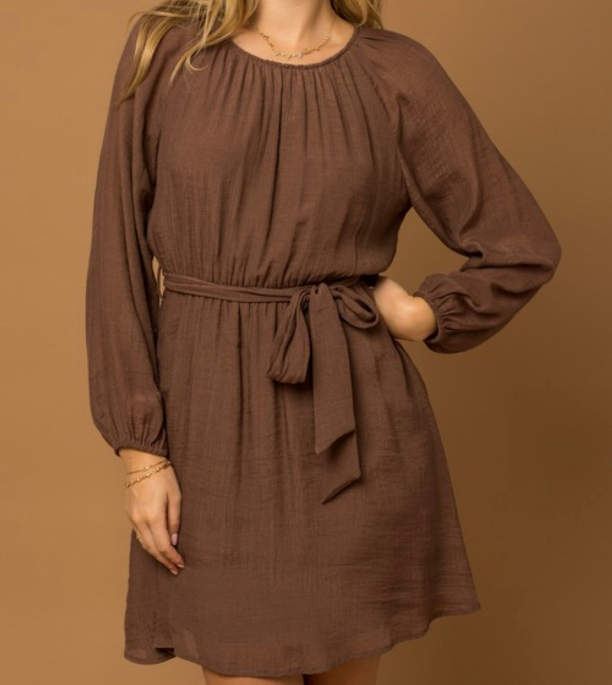 Brown Shirred Neck Dress