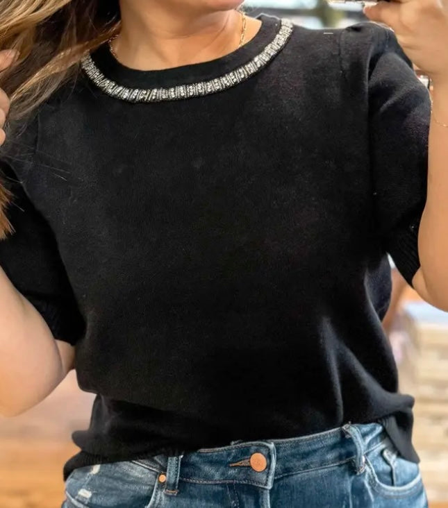 Jewel Neck Short Sleeve Sweater Multiple Colors