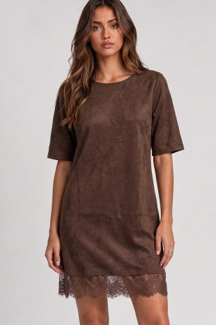 Faux Suede Lace Hem Mini Dress
