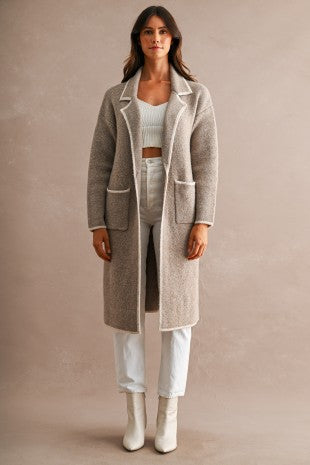 Knit Lapel Collar Open Cardigan With Contrast Trim