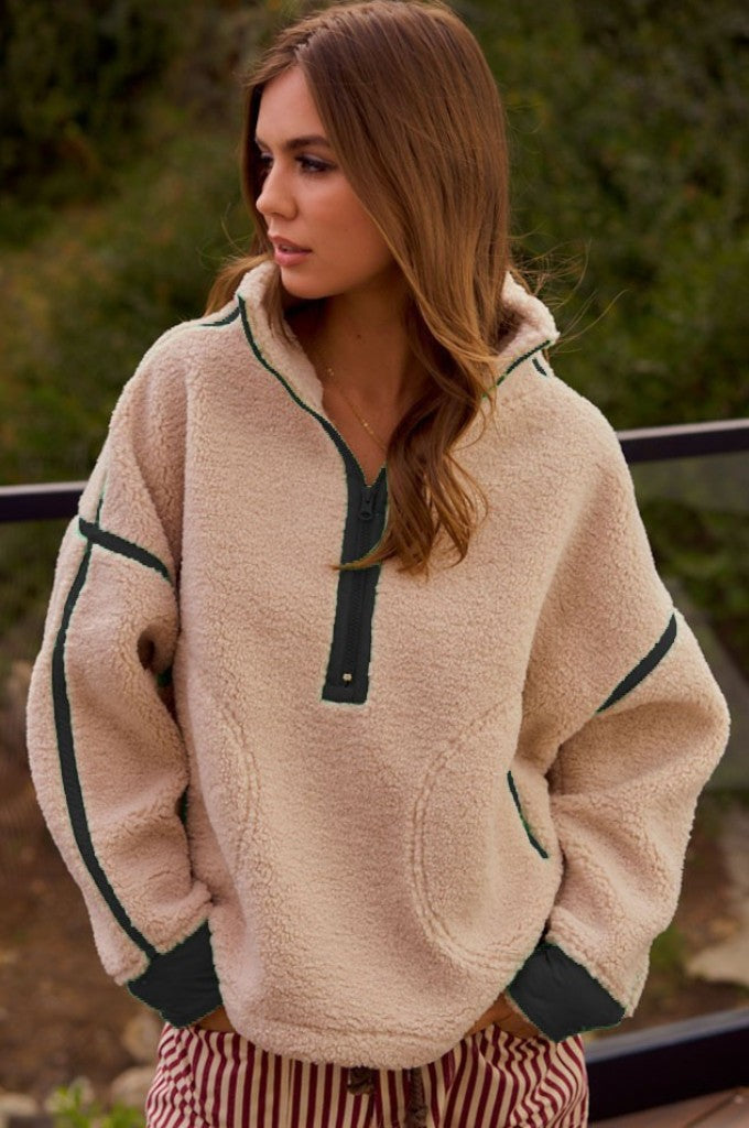 Fleece Zipper Hide Pocket Pullover Multiple Colors