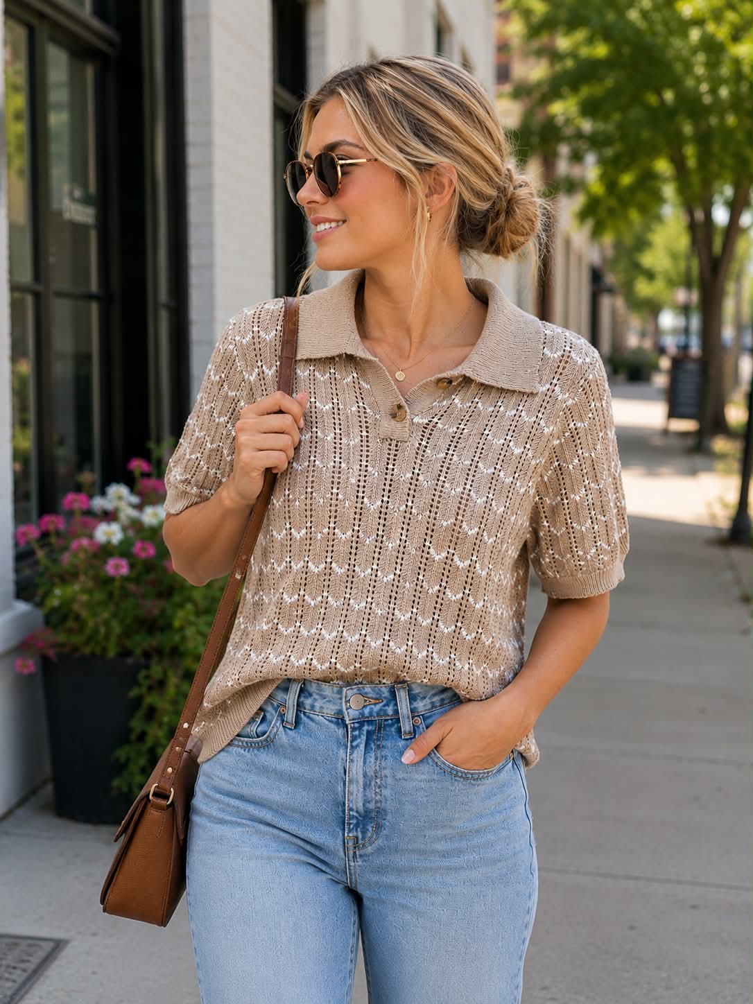 Woven Chevron Collared Knit Top
