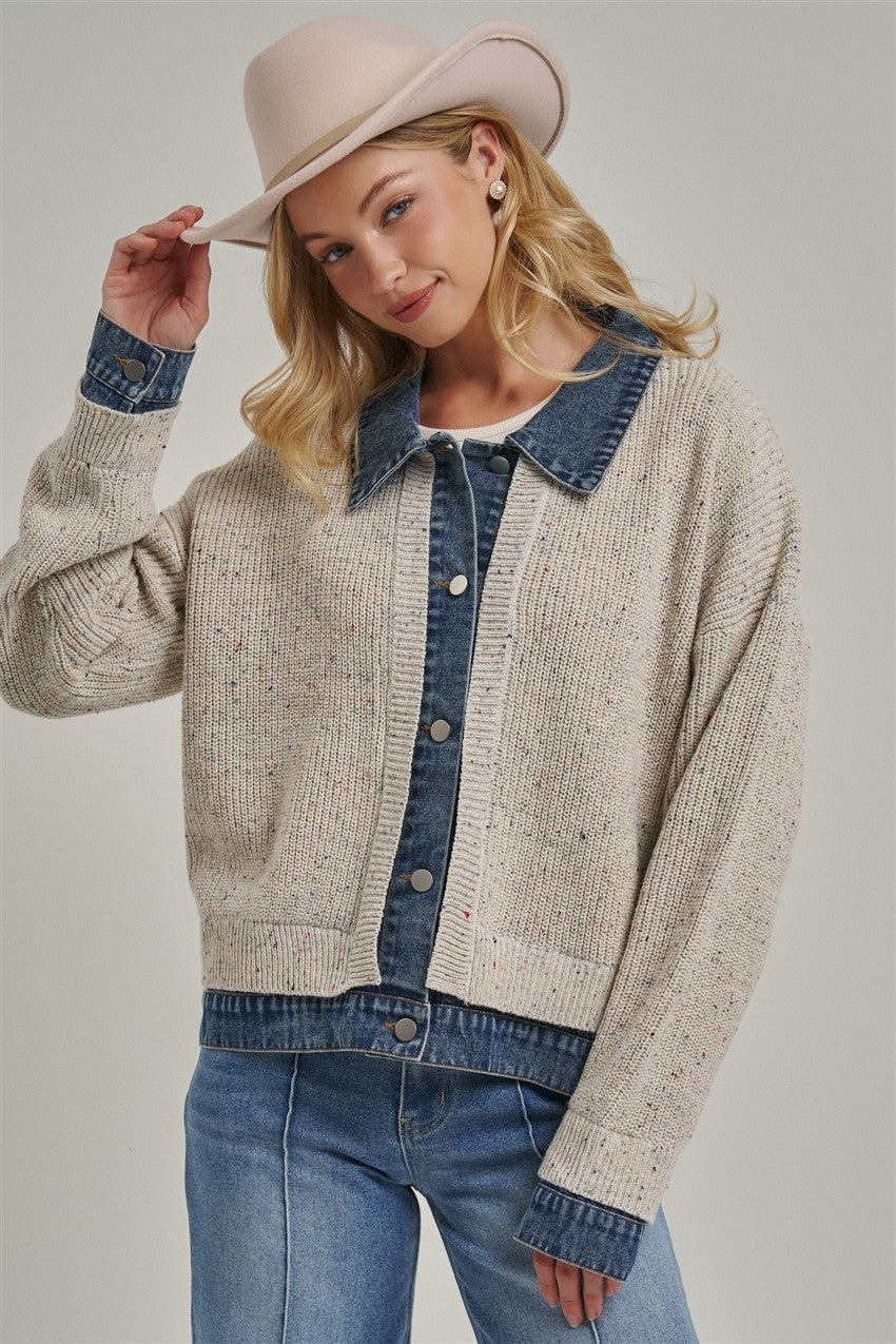 Jacket Style Sweater Cardigan Denim Collar