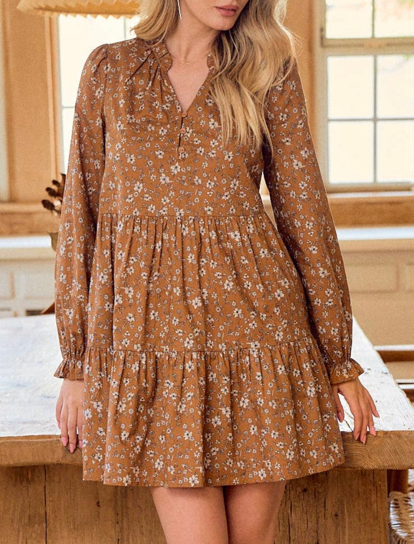 Long Sleeve Caramel Tiered Dress