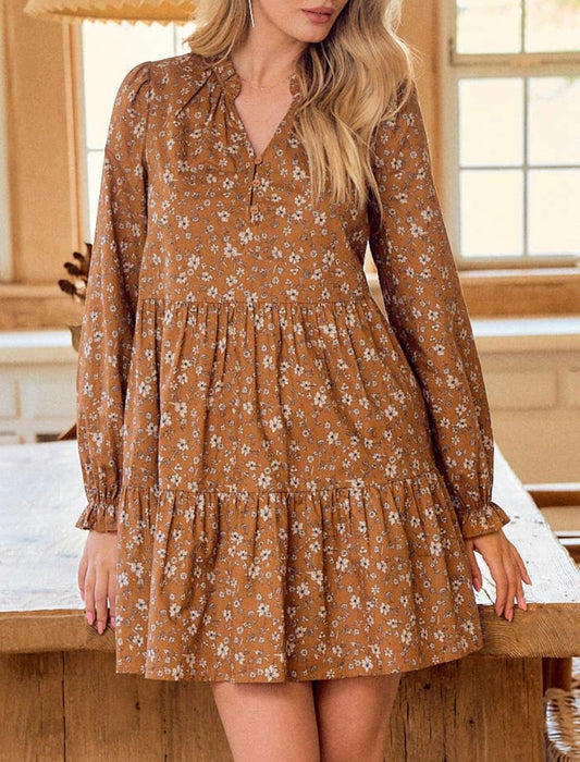Long Sleeve Caramel Tiered Dress