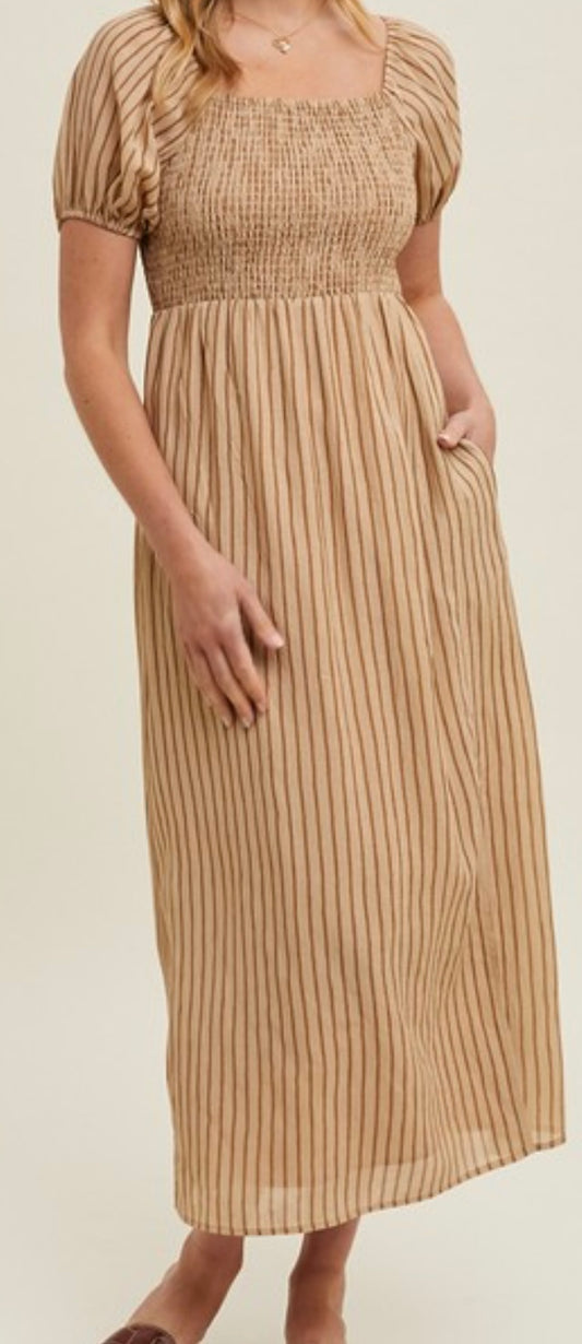 Taupe Striped Midi Dress