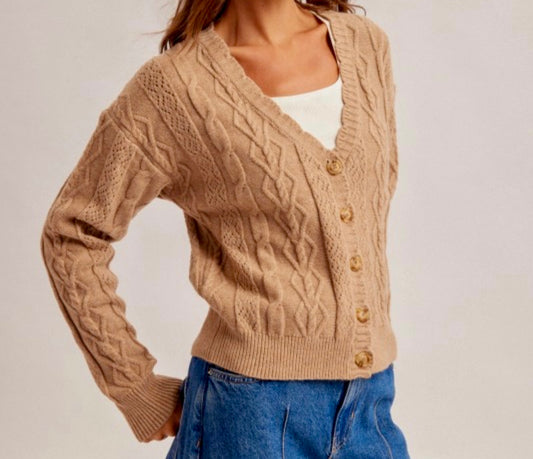 Cable Knit V Neck Cardigan Multiple Colors