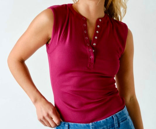 Ribbed Henley Tank Top Multiple Colors