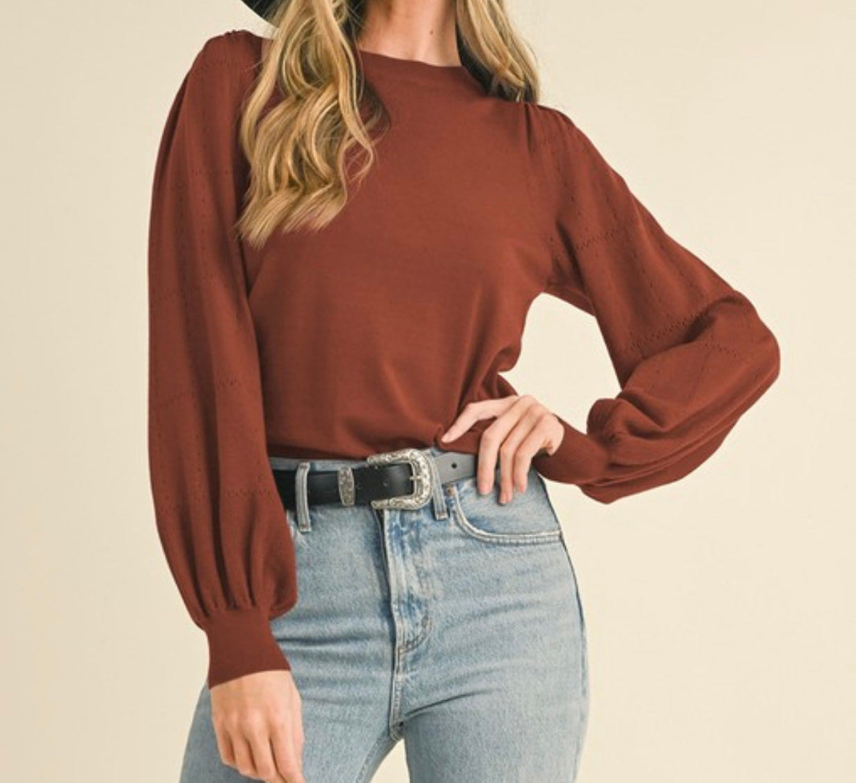 Pointelle Puff Sleeve Sweater Multiple Colors