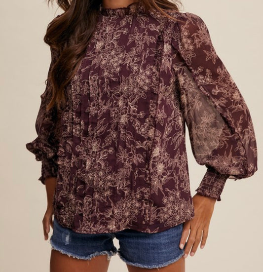 Plum Pleated Floral Blouse