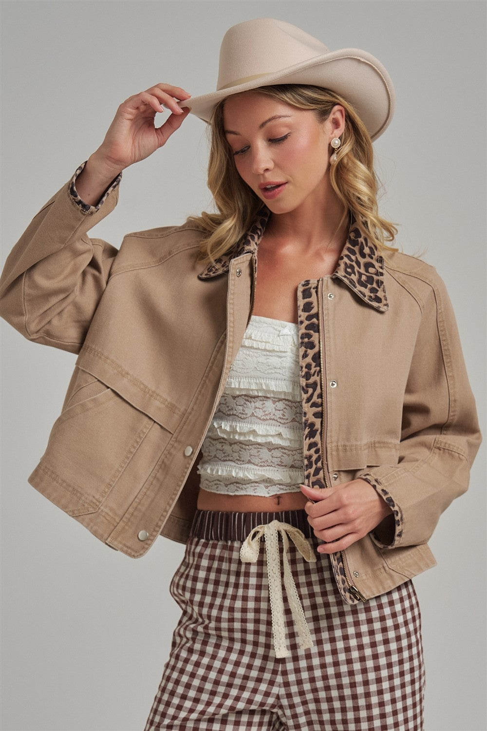 Oxford Canvas Twill Fall Barn Jacket With Leopard Collar