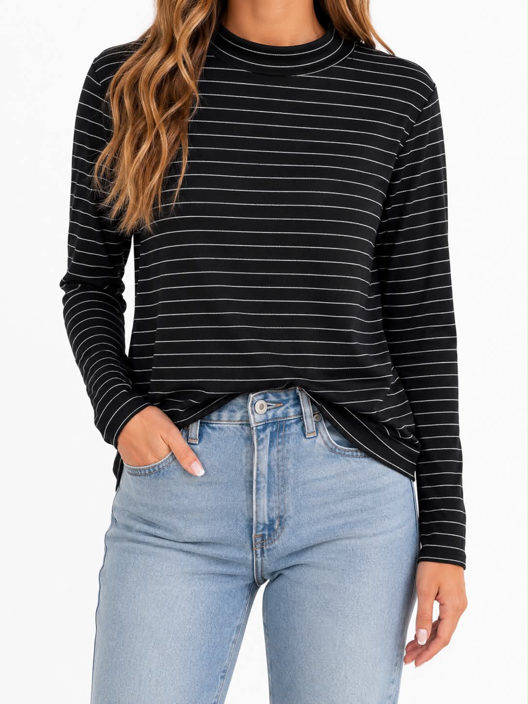 Pinstripe Ribbed Long Sleeve Top Multiple Colors