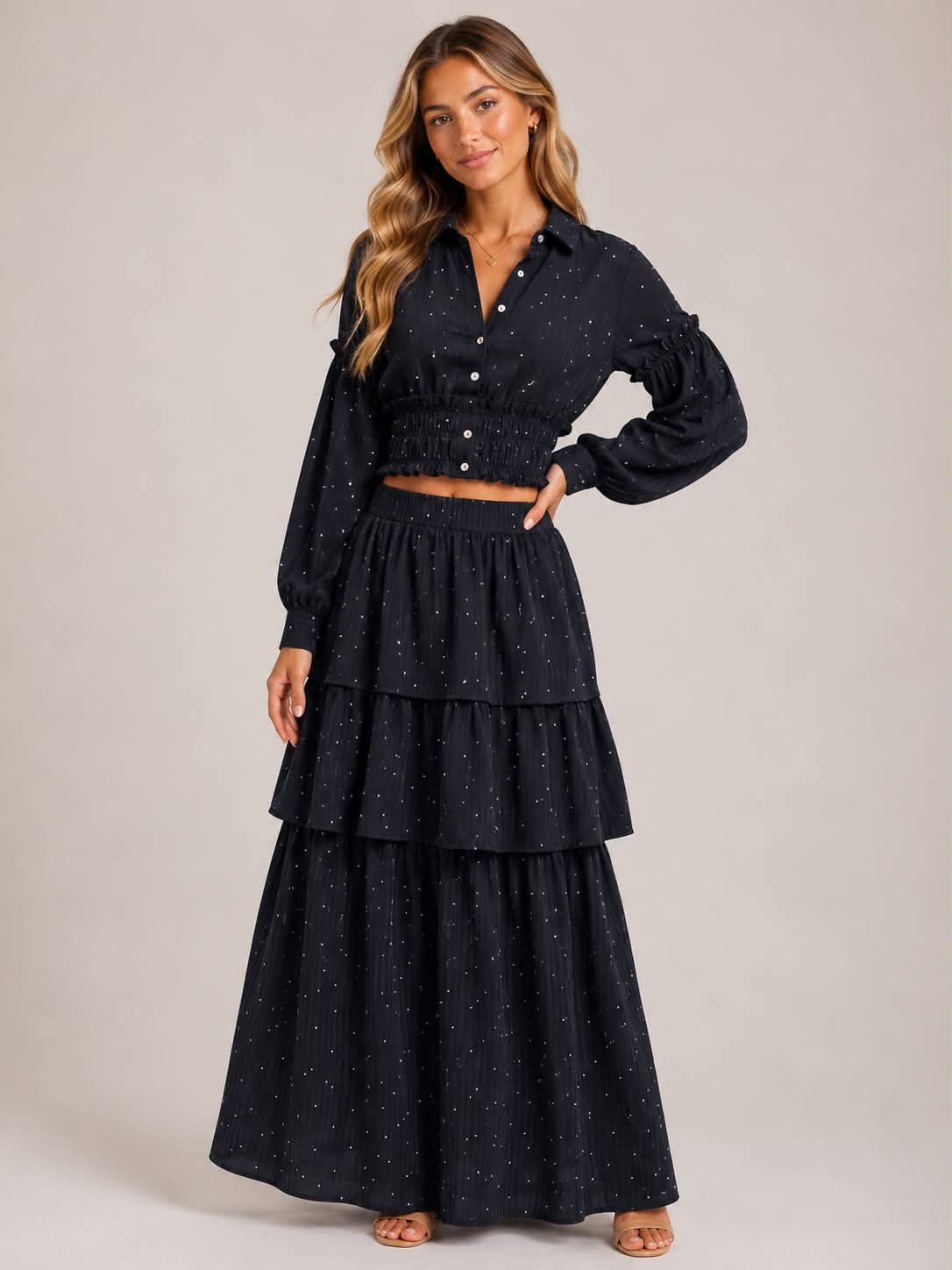 Midnight Dot Button-Up 2pc Skirt Set