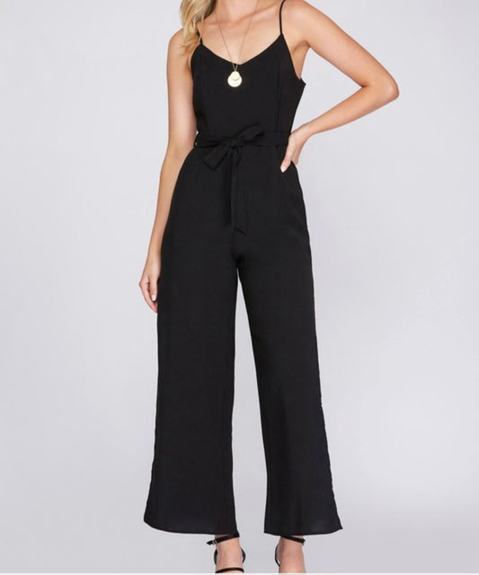 Belted Black Jumpsuit with Slitted Leg