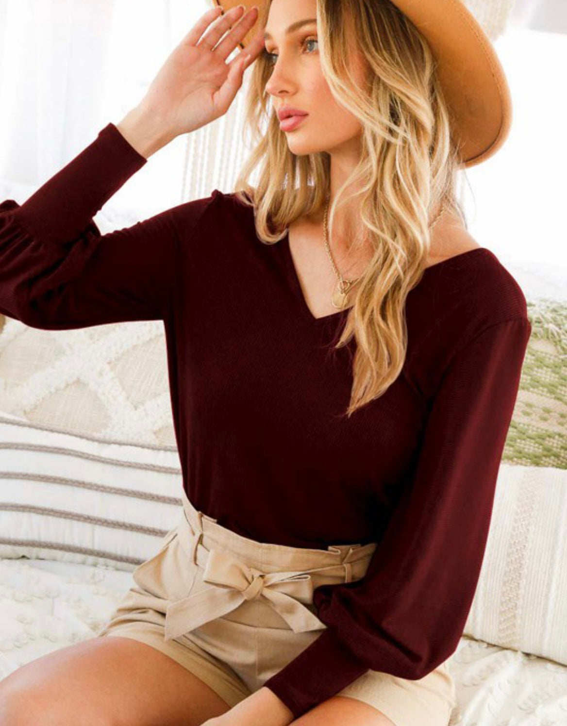 Wine Puff Sleeve Ribbed Top
