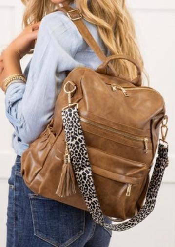 Tan Backpack Purse with Decorative Strap